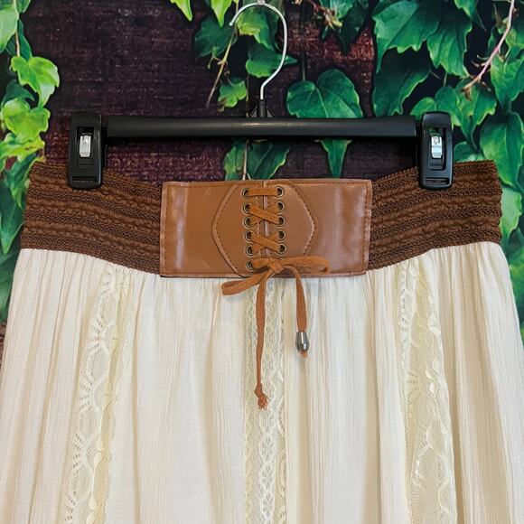 Wrangler Women's Ivory Boho Maxi Skirt Medium Woven Belt Floral Lace Cowgirl - Picture 7 of 9